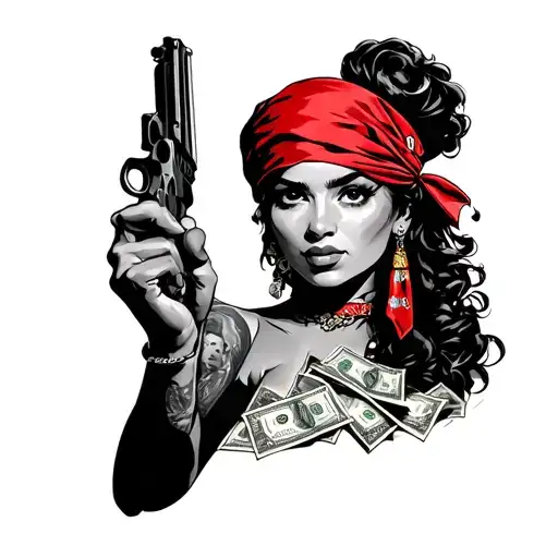 a spanish women with a red bandana holding guns money drugs tattoo design idea