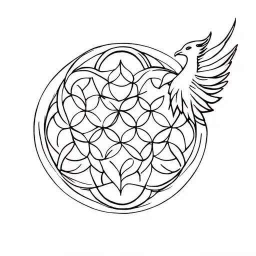 Flower of life with Phoenix infinite sign tattoo design idea