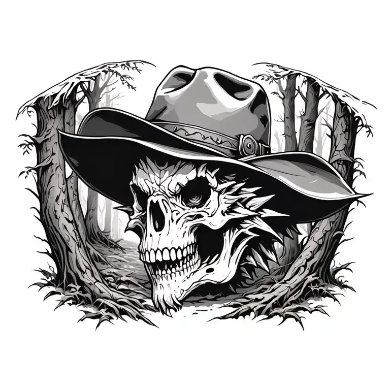 A dragon skull wearing cowboy hat flying through woods  tattoo design idea
