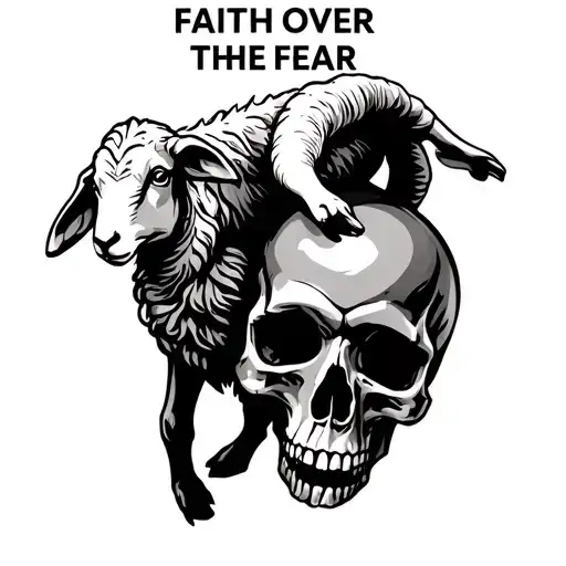 "FAITH OVER FEAR" text in Blacklisted Font, above a Christian religious "double headed" lamb stomping on a skull. below  tattoo design idea
