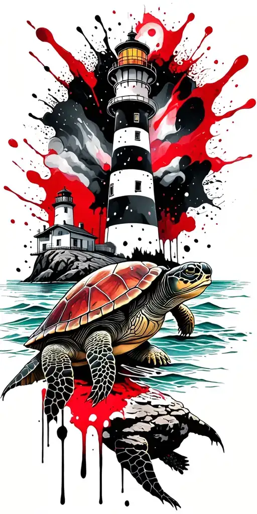 sea turtle sitting on a rock and and lighthouse over looking the ocean tattoo design idea