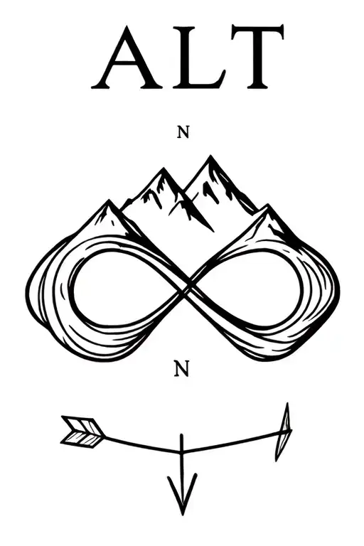 Word ALT after ALT infinity sign after that line art mountain range in the end Letter N and arrow, as compass tattoo design idea
