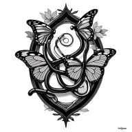 Virgo sign intertwined with a stethoscope and a butterfly with semi colon  tattoo design idea