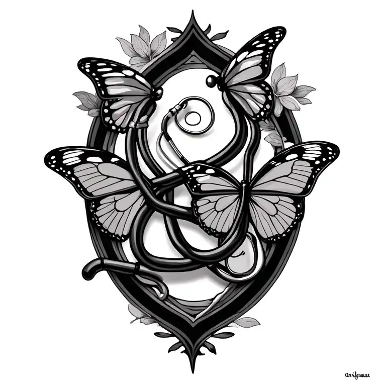 Virgo sign intertwined with a stethoscope and a butterfly with semi colon  tattoo design idea