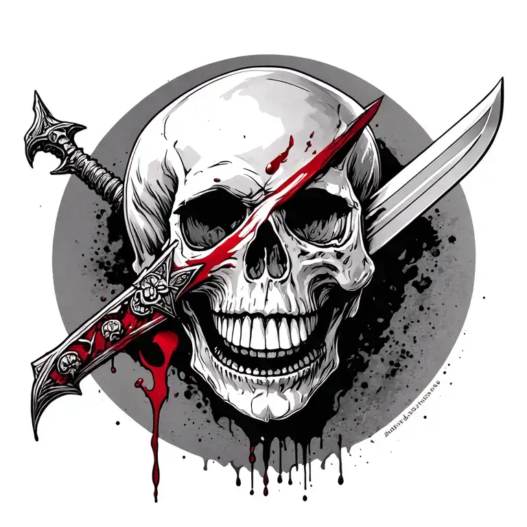 Damocles sword above a skull with a bloody smile tattoo design idea
