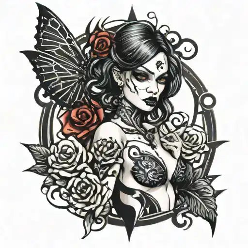 Darkly Alluring ,nude goth girl , red black grey tattoo , trashpolka , high detail, high quality , defined lines , long  tattoo design idea