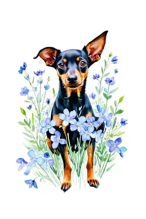 Miniature Pinscher aurrounded by forget me not flowers tattoo design idea