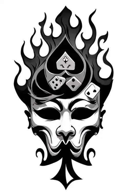 Two faces mask with spade card, dice, and flames tattoo design idea