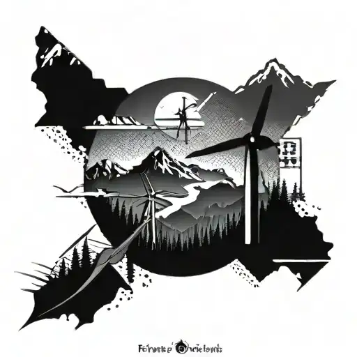 Wind turbine silhouette, Photovoltaic solar panel featuring, Mountain range, dense Forest Sense, airplane, Kompass, map tattoo design idea