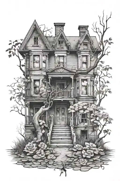 Abandoned Stalin-era house, roses, tree roots tattoo design idea