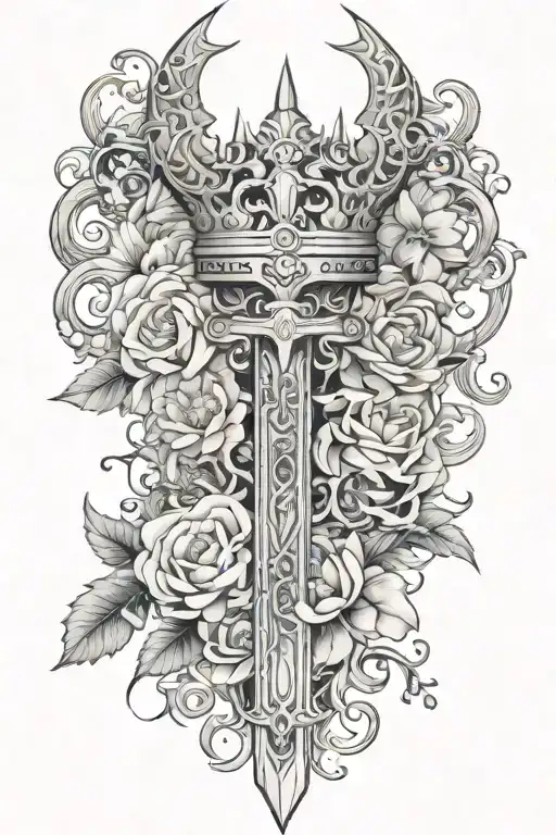 plasma univers crown , ice manga sword, smoke rising, small manga flowers tattoo design idea