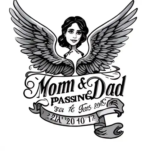 Mom and dad passing dates under name with wings on the side  tattoo design idea