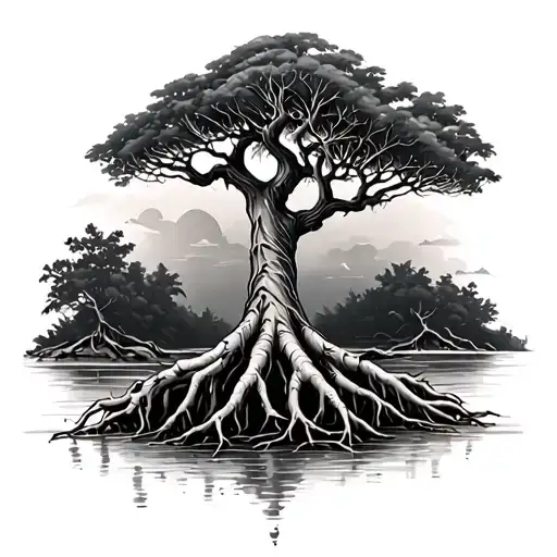 mangrove tree and the roots realistic tattoo design idea
