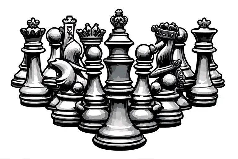 king, queen, knight, bishop, and rook chess piece tattoo design idea