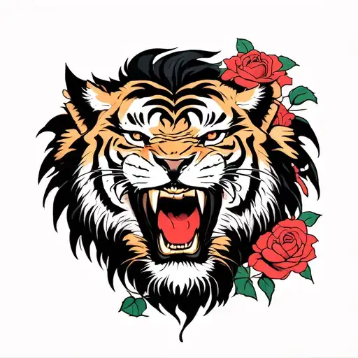 Lion angry and tiger angry with rose tattoo tattoo design idea