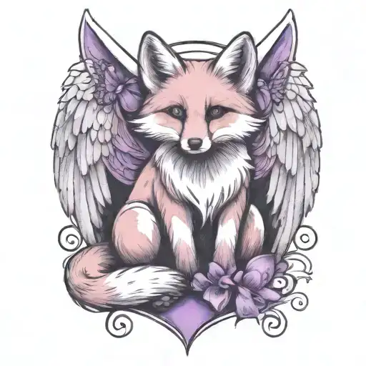 small fox sitting  with angel wings wrapped evenly with purple butterfly tattoo design idea