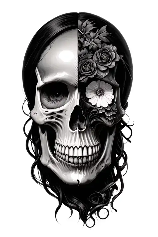 skull candy half a beautiful face the other side skeleton  tattoo design idea