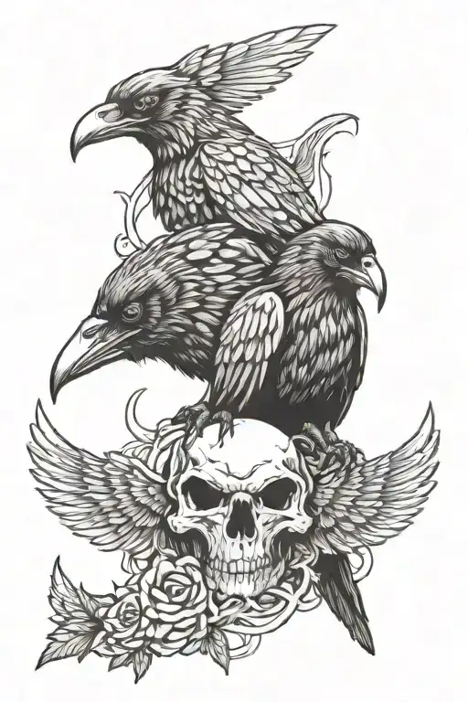 three evil ravens with skull tattoo design idea