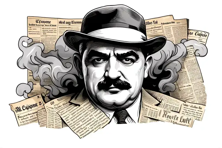 Give me a tattoo design of Al Capone mobster news paper themed with smoke in the air and bunt up edges  tattoo design idea