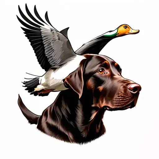 chocolate lab with drake duck flying over it tattoo design idea