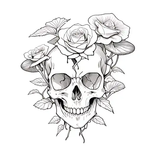 skull with roses with broken heart with shrooms  tattoo design idea