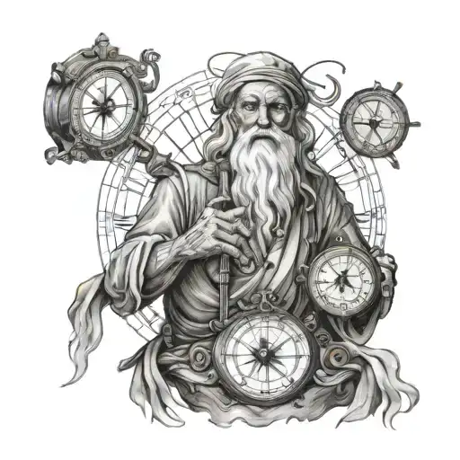 Father Time with tattoos on his arms, holding nautical compass, semi colon unr his wearing eye, start night background  tattoo design idea