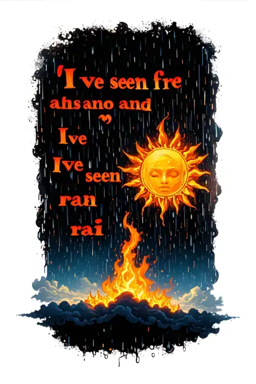 "Ive seen fire and Ive seen rai" sun clouds fire rain sleeve  tattoo design idea