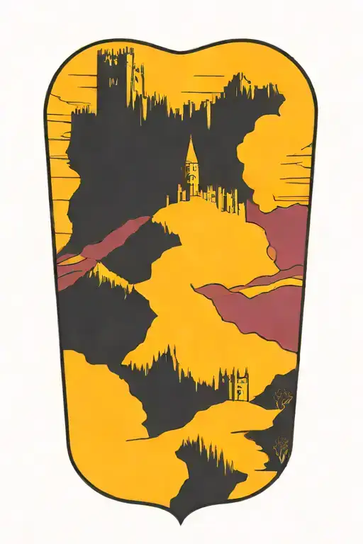 Gothic Medieval castle overlooking mountains tattoo design idea