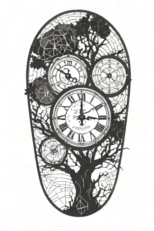oak tree branches with three round clocks integrated into it for an arm sleeve tattoo design idea