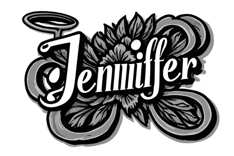 the name Jennifer in cursive font with a halo over the J tattoo design idea