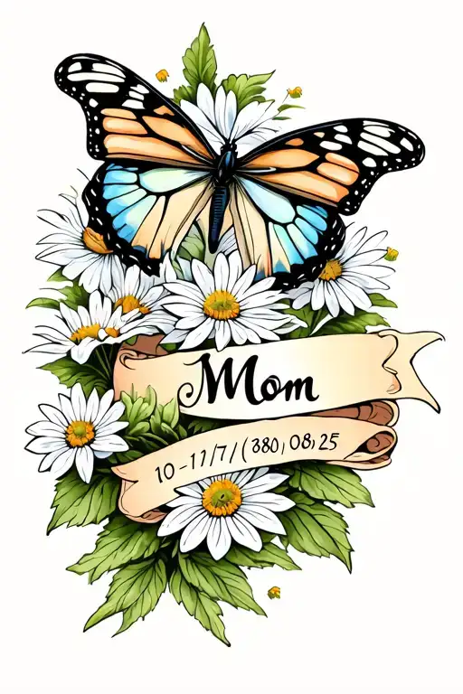 Create a tattoo of a butterfly and an edelweiss flower above a memorial banner that says “Mom 10/17/80-08/06/25” tattoo design idea