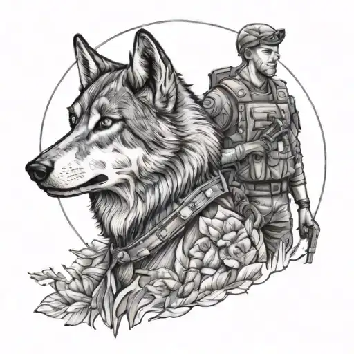 A soldier in uniform with a wolf companion, representing your occupation and favorite animal tattoo design idea