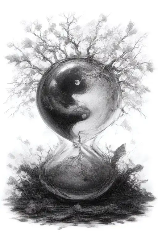 defoliated tree and broken sandless hourglass filled with no leaves with yin yang tattoo design idea