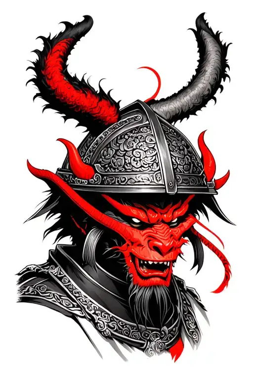 an japanese demon, oni (red) wearing a samurai helmet. should look as realistic as possible with gloomy dark features. tattoo design idea