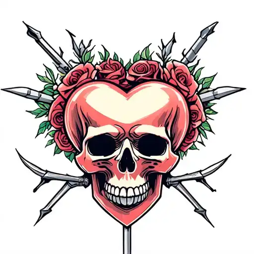 skull lollipop stabbing heart shape tattoo design idea