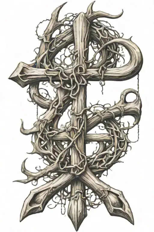 a cross made with a elk antler and fishing hook crossed tattoo design idea