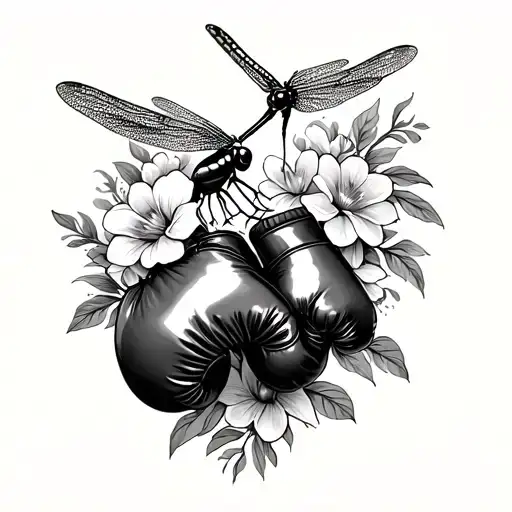 boxing gloves transforming, dragonfly perched, flowers tattoo design idea
