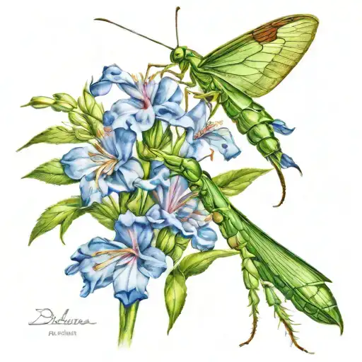 praying mantis and other insects on delphinium tattoo design idea