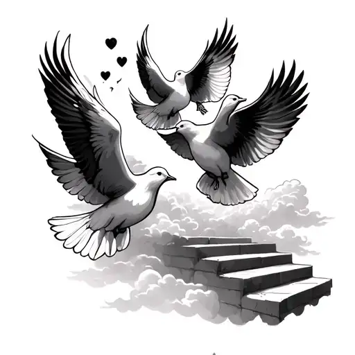 4 doves flying in clouds with steps leading to heaven with 2 dates inside  each dove tattoo design idea