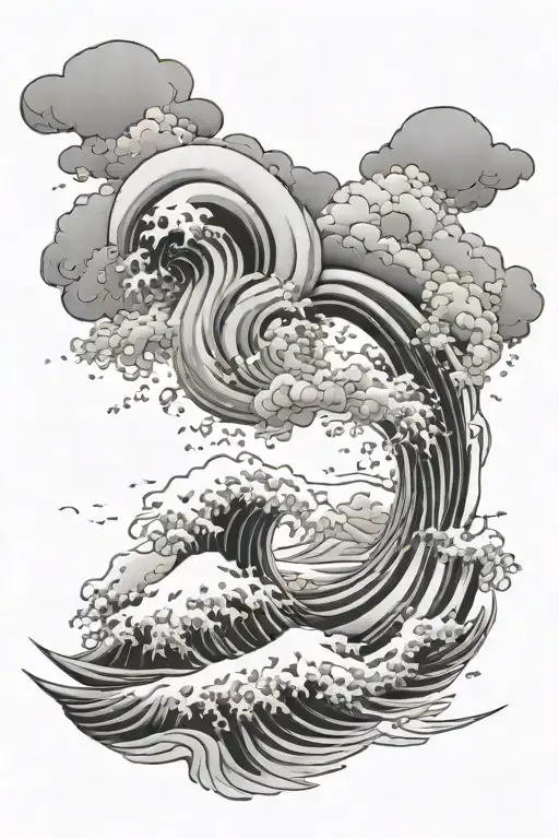 Japanese manga, waves and clouds tattoo design idea