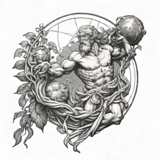 Greek god atlas holding the earth, vines wrapping tattoo design idea