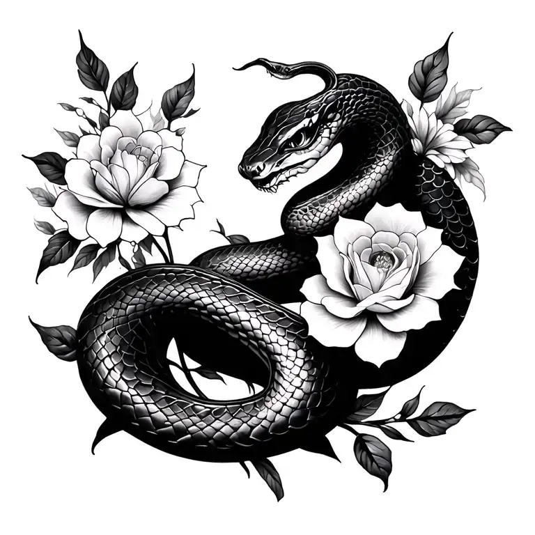 Create a long black and white, dark feminine, elegant but sexy spine tattoo of a snake and flowers but include shading tattoo design idea