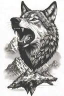 growling wolf face and realistic rocky mountains inside tattoo design idea