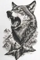 growling wolf face and realistic rocky mountains inside tattoo design idea