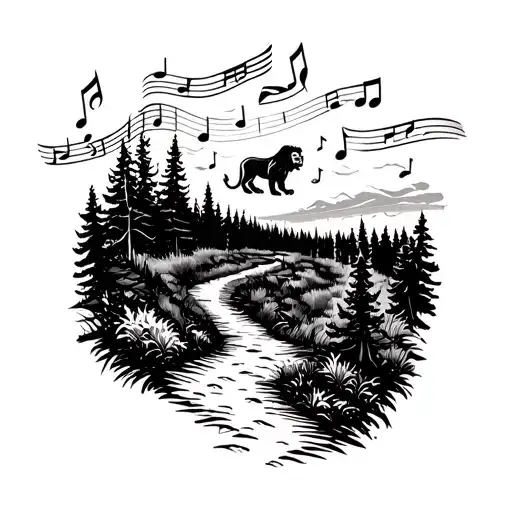 A hiking trail tattoo winding through a forest with musical notes floating in the sky, incorporating a lion symbolizing courage tattoo design idea