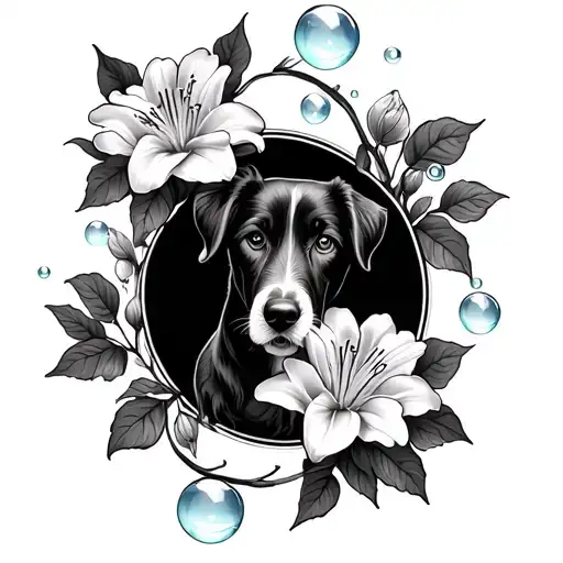lily flowers connected to a vine with peonies and bubbles around the vines. one dog print on both sides of the vine  tattoo design idea