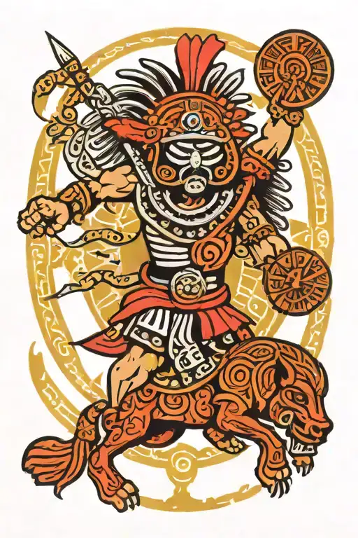 Aztec calendar with Aztec and conquistador battle   tattoo design idea