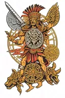 Aztec calendar with Aztec and conquistador battle   tattoo design idea