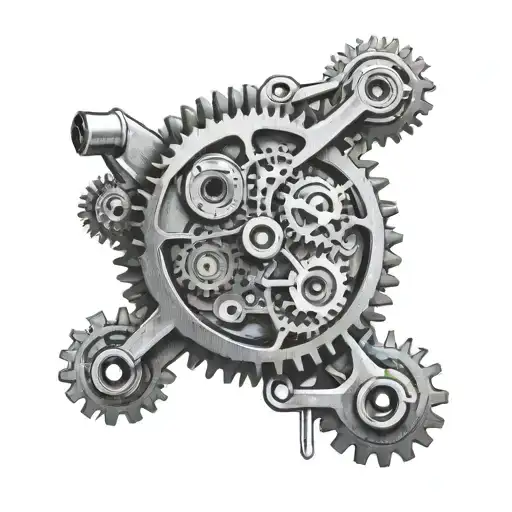 Create a detailed black and grey tattoo of a gear mechanism with hidden tools like allen keys, calipers, and levels incorporated into the design tattoo design idea