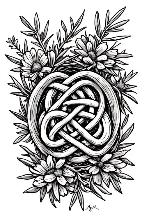 witch’s knot surrounded by rosemary, rue, and marigold sprigs All flowing with the forearm's natural shape tattoo design idea
